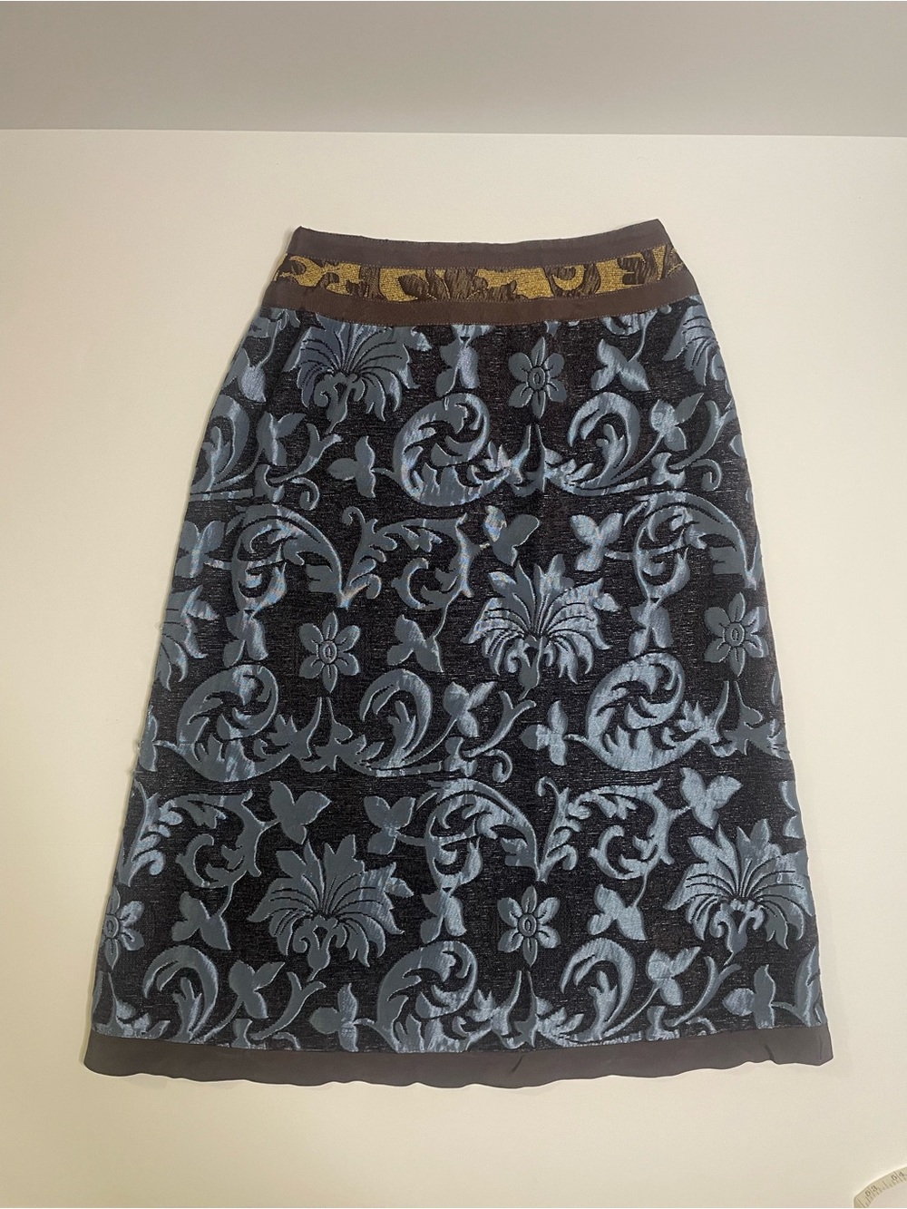 Whimsigoth Dark A-Line Below the Knee Skirt with Metallic Blue Floral size XS